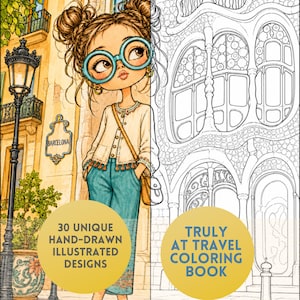 Könnte beinhalten: Ein Malbuch-Cover mit geteiltem Design. Die linke Seite zeigt eine farbige Illustration einer Person mit großer Brille in Barcelona, während die rechte Seite eine schwarz-weiße Strichzeichnung einer verzierten Gebäudefassade zeigt.