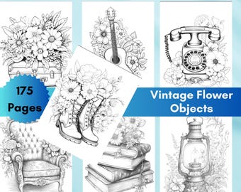Vintage Flower Objects coloring pages 175 pieces, instant download, adult coloring book for relaxation