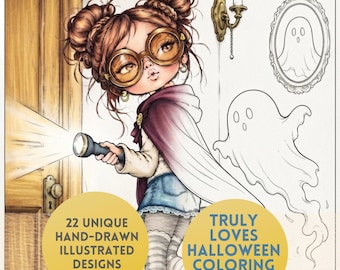 Truly Loves Halloween, 22 Hand-Drawn Whimsy Girls Coloring Pages for Adults, Cozy Printable Digital Download: Truly Collection, Volume 3
