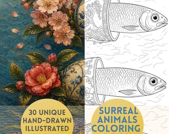 Surreal Animals Coloring Book, 30 Animal Coloring Pages, Fantasy Animals, Detailed Hand Drawn Style PDF, Instant Download