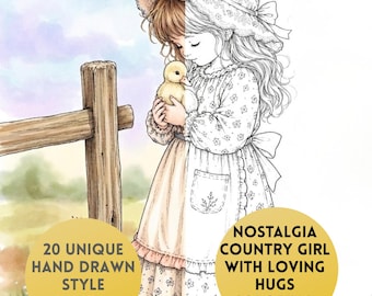 Vintage Country Girl Coloring Book, 20 Cottagecore Coloring Pages, Nostalgic Farm Life, Cozy Hand Drawn Style PDF