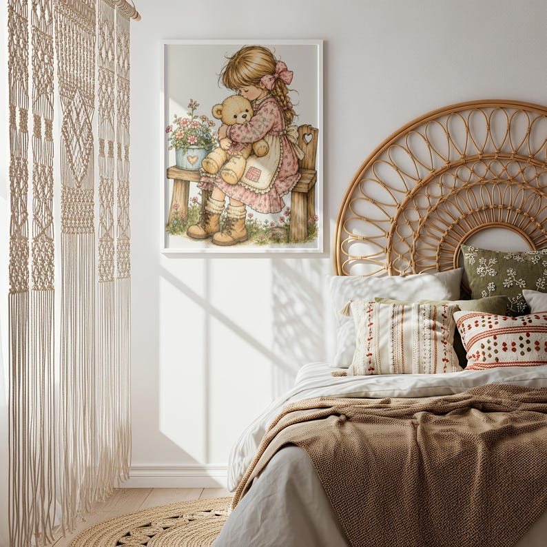 May include: A framed wall art print featuring a detailed illustration of a young person with long hair wearing a pink dress and brown boots, sitting on a wooden bench while hugging a tan teddy bear next to a potted plant with pink flowers.