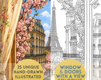 Windows and Doors with a View Coloring Book, 25 Window and Door Coloring Pages, Scenic Views, Hand Drawn Style PDF
