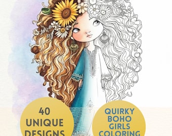 Boho Girls Coloring Book PDF, 40 Quirky Boho Girl Coloring Pages, Hippie Coloring Book, Printable Adult Coloring Pages, Digital Download