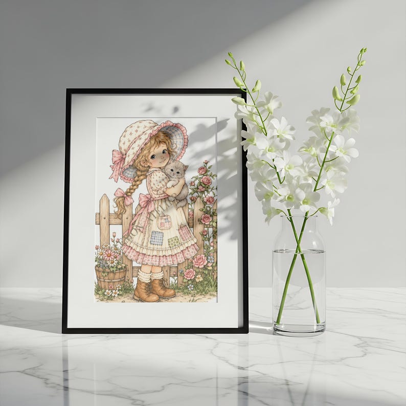 May include: A framed print featuring a drawing of a young person with blonde braided hair wearing a bonnet and a patchwork dress, holding a small kitten. The scene includes a wooden fence, pink roses, and a potted plant in a garden setting.