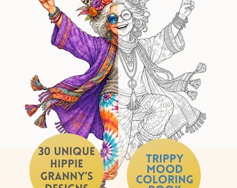 Hippie Trippy Granny Coloring Book, 30 Funny Granny Coloring Pages, Boho Old Lady Art, Psychedelic Coloring, Procreate PDF