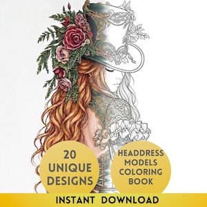 Könnte beinhalten: Ein Malbuch-Cover mit einer digitalen Illustration einer Person mit langem, welligem rotem Haar, die einen mit roten Rosen und grünem Laub verzierten Zylinder trägt. Der Text lautet 20 UNIQUE DESIGNS HEADDRESS MODELS COLORING BOOK INSTANT DOWNLOAD.