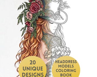 Headdress Models Coloring Book for Adults, 20 Fashion Coloring Pages with Hats and Headpieces, Digital Download, Procreate, Printable