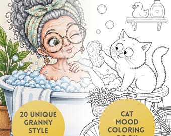 Cat Mood Granny Coloring Book, 20 Funny Granny and Cat Coloring Pages, Cat Lover Coloring, Cozy Granny Style, Procreate PDF