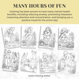 May include: A collection of eight black and white coloring pages featuring detailed illustrations of children in various outdoor settings. The top text reads MANY HOURS OF FUN and the bottom text reads Lemon Coloring Atelier.