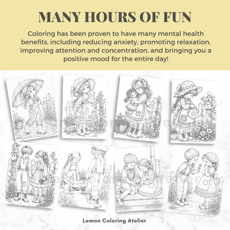 May include: A collection of eight black and white coloring pages featuring detailed illustrations of children in various outdoor settings. The top text reads MANY HOURS OF FUN and the bottom text reads Lemon Coloring Atelier.