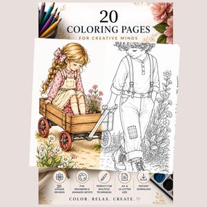 May include: A digital coloring book cover featuring 20 coloring pages for creative minds. The illustration shows a girl with a long braid sitting in a wooden wagon, while a boy pulls it. The scene includes flowers, a path, and text.