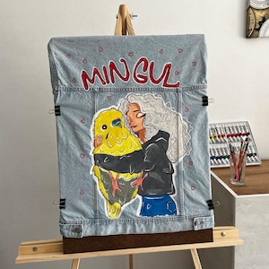 Custom Hand Painted Denim Jacket with Pet and Owner Portrait - Personalized Parrot from Photo, Painted Pet Design