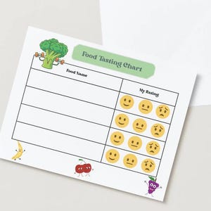 May include: A white Food Tasting Chart with a green banner and cartoon illustrations of fruits and vegetables. The chart has spaces for food names and emoji ratings. A broccoli character is lifting weights.