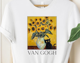 ゴッホのひまわり猫Tシャツ：面白いアートレディースTシャツ