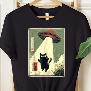 Black Cat UFO Abduction T-Shirt | Japanese Cat Alien Graphic Tee