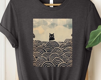 Kawaii Cat Shirt, Black Cat Tee with Japanese Wave Art, Aesthetic Design for Feline Lovers, Unisex Shirt