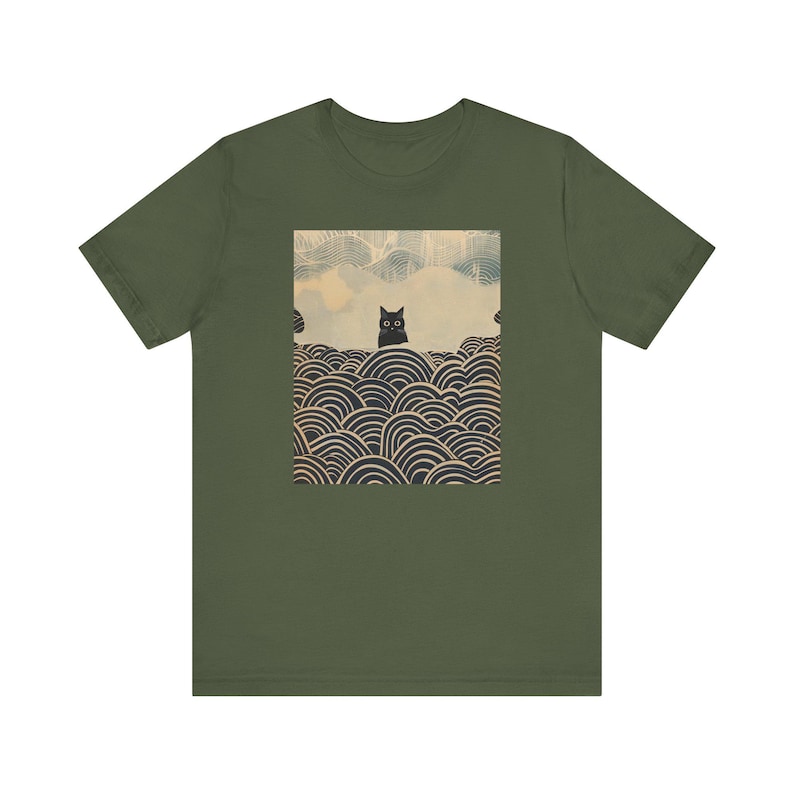 Camiseta de gato kawaii, camiseta de gato negro con arte de olas japonesas, diseño estético para amantes de los felinos, camiseta unisex imagen 6