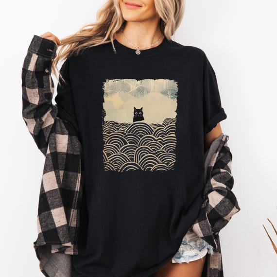 Kawaii Cat T-Shirt, Japanese Wave Art, Aesthetic Unisex Tee for Feline Lovers, Black Cat Shirt, Gift for Cat Owners, Cat Lover Gift, Cute