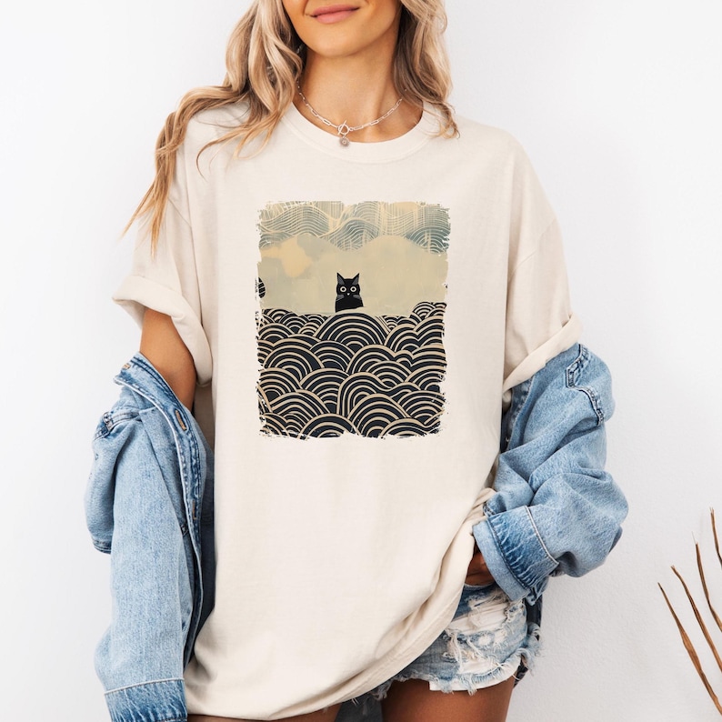 Kawaii Cat T-Shirt, Japanese Wave Art, Aesthetic Unisex Tee for Feline Lovers, Black Cat Shirt, Gift for Cat Owners, Cat Lover Gift, Cute image 3