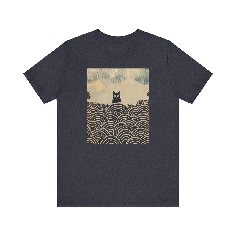 Camiseta de gato kawaii, camiseta de gato negro con arte de olas japonesas, diseño estético para amantes de los felinos, camiseta unisex imagen 8
