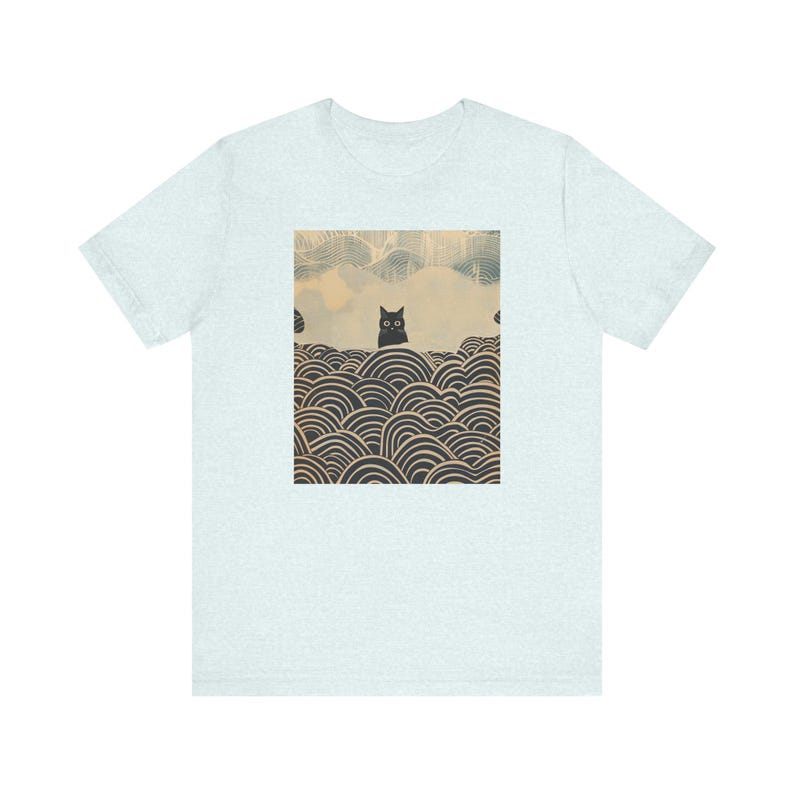 Camiseta de gato kawaii, camiseta de gato negro con arte de olas japonesas, diseño estético para amantes de los felinos, camiseta unisex imagen 7