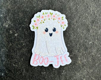 Boo-jee holographic ghost with pink flower crown sticker| Cute spooky halloween sticker for water bottle, kindle, iPad| girly holo sticker