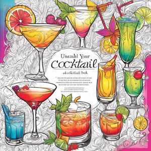 Könnte beinhalten: Ein Cover für ein Malbuch mit verschiedenen bunten Cocktails, darunter eine Margarita, ein Daiquiri, ein Mojito und ein Cosmopolitan. Das Cover enthält auch den Text "Unsashl Your Cocktail and Cocktail Book".