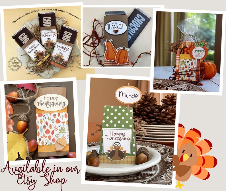 May include: A collection of Thanksgiving-themed gift boxes and favor bags. The boxes are decorated with fall colors, leaves, and turkeys. The bags are decorated with a plaid pattern and a turkey design. The text "Happy Thanksgiving" is featured on several of the boxes and bags.
