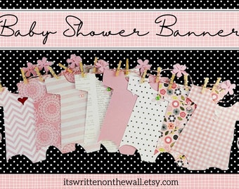 Cute 8 Onesie Banner ready to party for a baby shower. Get your nursery looking all sweet and pink too with this adorable banner