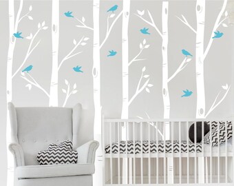 Calcomanía de pared con ramas de abedul para guardería, regalo para baby shower con pájaros de la naturaleza, papel tapiz de vinilo decorativo con bosque de álamos, calcomanía mural para dormitorio infantil