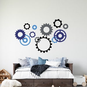 Robot Vinyl Wall Decals, Gears and Cogs Themed Room Decor, Removable Playroom Art Stickers, Colorful Silhouette Design, STEM Peel and Stick