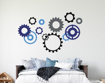 Calcomanías de vinilo para pared con robots, decoración de habitación con temática de engranajes y ruedas dentadas, calcomanías de arte extraíbles para sala de juegos, diseño de silueta colorida, STEM para despegar y pegar