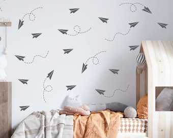 Paper Airplane Wall Vinyl Decal, Kids Travel for Nursery Sticker, Boys Aviation Themed Room Decor, Easy Removable Plane Art Childs Bedroom