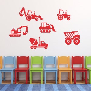 Construction Truck Wall Decal for Boy Room Decor, Kids Nursery Decorations with Dump Truck Vinyl Sticker, Bedroom Wall Art, Backhoe, Tractor