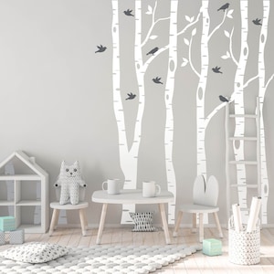 Birch Tree Branches Nursery Wall Art Decal, Woodland Baby Shower Gift, Aspen Forest Grove Vinyl Wallpaper, Kids Room Birds on Branch Decor