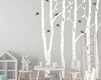 Calcomanía de pared con ramas de abedul para guardería, regalo de baby shower con temática de bosque, papel tapiz de vinilo con bosque de álamos, decoración de pájaros en ramas para habitación de niños