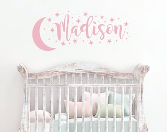 Calcomanías de pared de estrellas, calcomanías con nombre de niña, calcomanías de luna, decoración de habitación infantil, arte de pared de estrellas, decoración de pared de guardería, calcomanías con nombre personalizadas, calcomanías con nombre