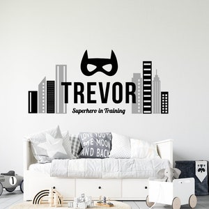 Superhero Wall Decal, Superhero Bedroom Decor, Superhero Name Decal, Superhero Cityscape Decal, Superhero Nursery Wall Art, Superhero Decals