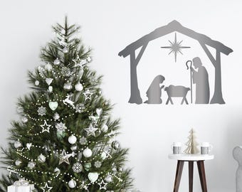 Christmas Nativity Home Decor, Holiday Wall Decor Sticker, Mantle Art Sign, Wood Glass Tile Sign, Removable Baby Jesus, Mary, Joseph, Star