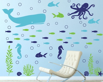 Ocean wall decal, Sea animals vinyl decal, Ocean bathroom wall decor, Kids Bathroom wall art sea creatures decal, Ocean theme nursery DB441
