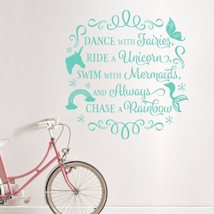 Ride A Unicorn Wall Decal Vinyl Quote, Swim With Mermaid Art Decor, Custom Saying Kids Room, Chase A Rainbow, Dance With Fairies, Removable