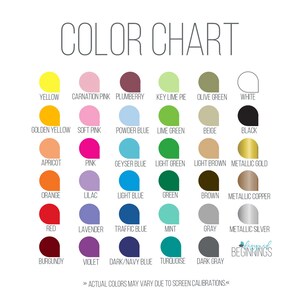 May include: Color chart with 24 color swatches in a teardrop shape. The colors include yellow, golden yellow, apricot, orange, red, burgundy, carnation pink, soft pink, pink, lilac, lavender, violet, plumberry, powder blue, geyser blue, light blue, traffic blue, dark/navy blue, key lime pie, lime green, light green, green, turquoise, olive green, beige, light brown, brown, dark gray, white, black, metallic gold, metallic copper, and metallic silver.
