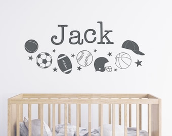 Calcomanías personalizadas con temas deportivos, letrero de pared con nombre de equipo universitario personalizado, vinilo para guardería, tenis, habitación infantil, fútbol, fútbol americano, béisbol, baloncesto