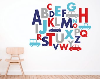 Alphabet wall decals, Car wall decor, Wall letters, Boys room decor, Playroom wall decals ABC letters Vinyl letter stickers Letter decal 354