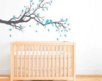 Tree branch wall decal, Tree wall decal, Tree branch with birds decal, Nursery wall decal, Bird wall decal, Blossom tree wall decal