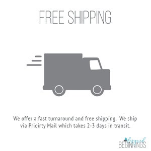 May include: A gray delivery truck with the text "FREE SHIPPING" above it. The text below the truck says "We offer a fast turnaround and free shipping. We ship via Priority Mail which takes 2-3 days in transit. Designed Beginnings."