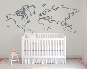 World map wall decal, World map outline wall decal, Nursery wall decor, Adventure nursery decal, Aviation decor, Map of the world decal B388