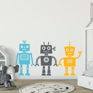 Robot Vinyl Wall Decals, Boy Robotic Themed Room Decor, Removable Playroom Art Stickers, Colorful DIY Silhouette Design, STEM Peel and Stick