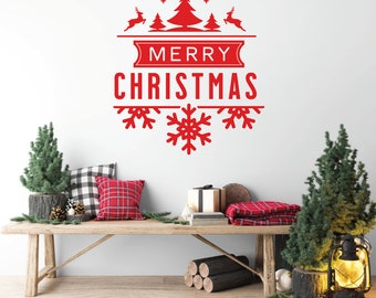 Holiday Christmas Sign Decoration, Fun Merry Christmas Wall Sticker, Xmas Mantle Mirror Or Window Decor, Cozy Tree Snowflake Reindeer Decal